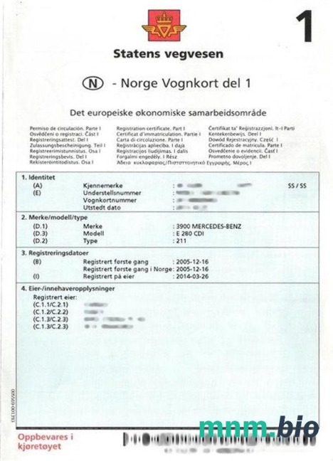 Norwegia szablon dowodu rejestracyjnego pojazdu w PSD